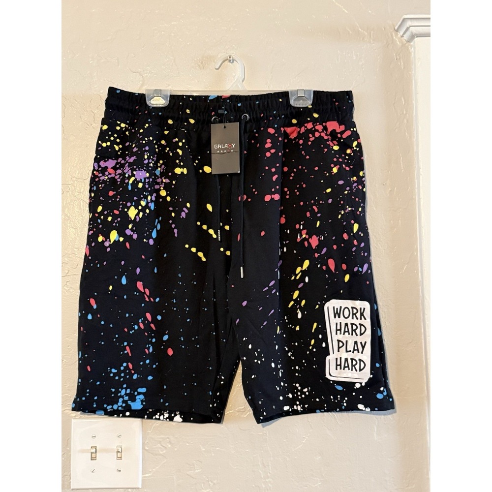 NWT Men's XXL Work Hard Play Hard Black Spray Paint Galaxy Designer Shorts
